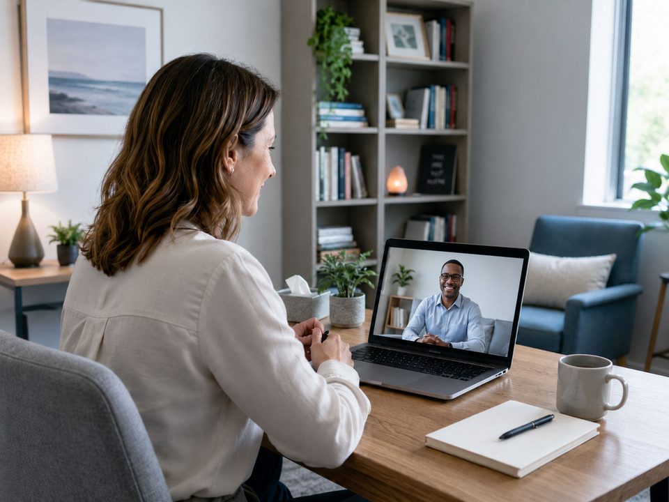 A patient meeting her Zalfi clinician by video from her desk at home