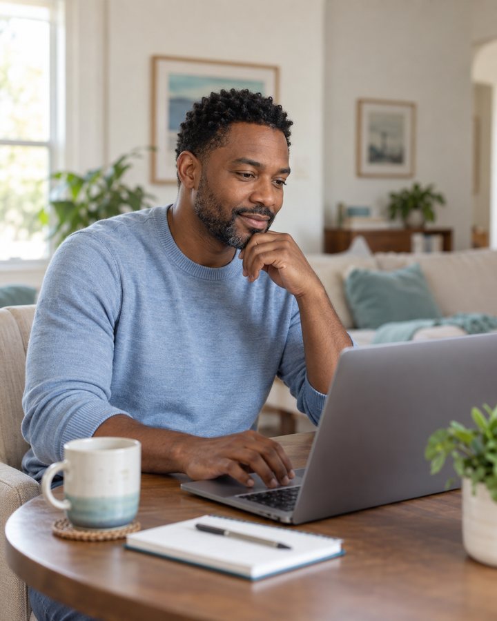 An adult attending a psychiatric telehealth appointment by video call from home, laptop open on the table in front of them